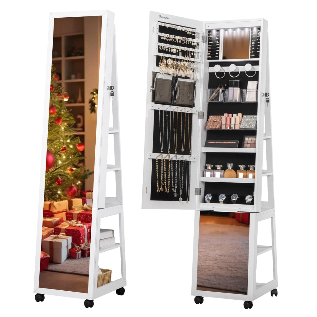 Swivel Luxe Jewelry Armoire with LED Mirror and Lock - White