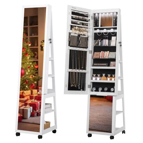 Swivel Luxe Jewelry Armoire with LED Mirror and Lock - White