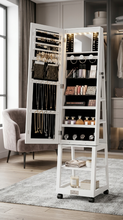 Swivel Luxe Jewelry Armoire with LED Mirror and Lock - White