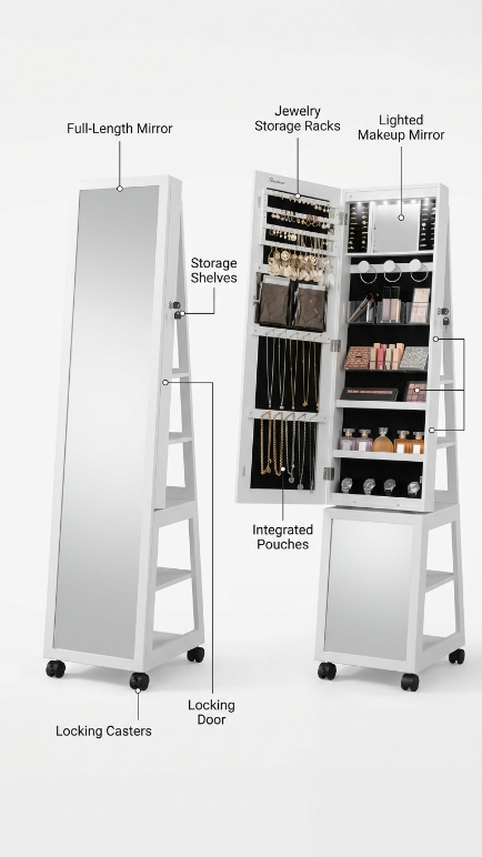Swivel Luxe Jewelry Armoire with LED Mirror and Lock - White