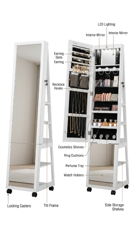 Swivel Luxe Jewelry Armoire with LED Mirror and Lock - White