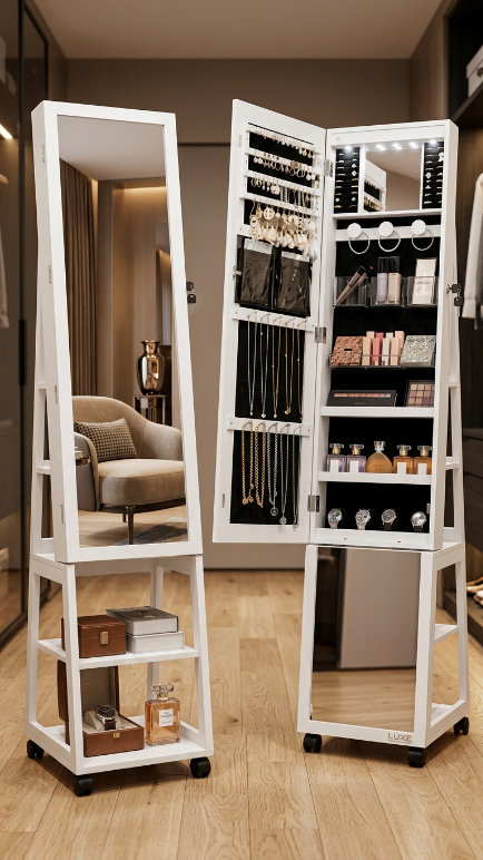 Swivel Luxe Jewelry Armoire with LED Mirror and Lock - White